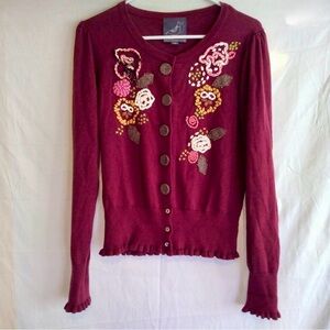Women's Burgundy Embroidered Button-Front Cardigan from Knitted Dove